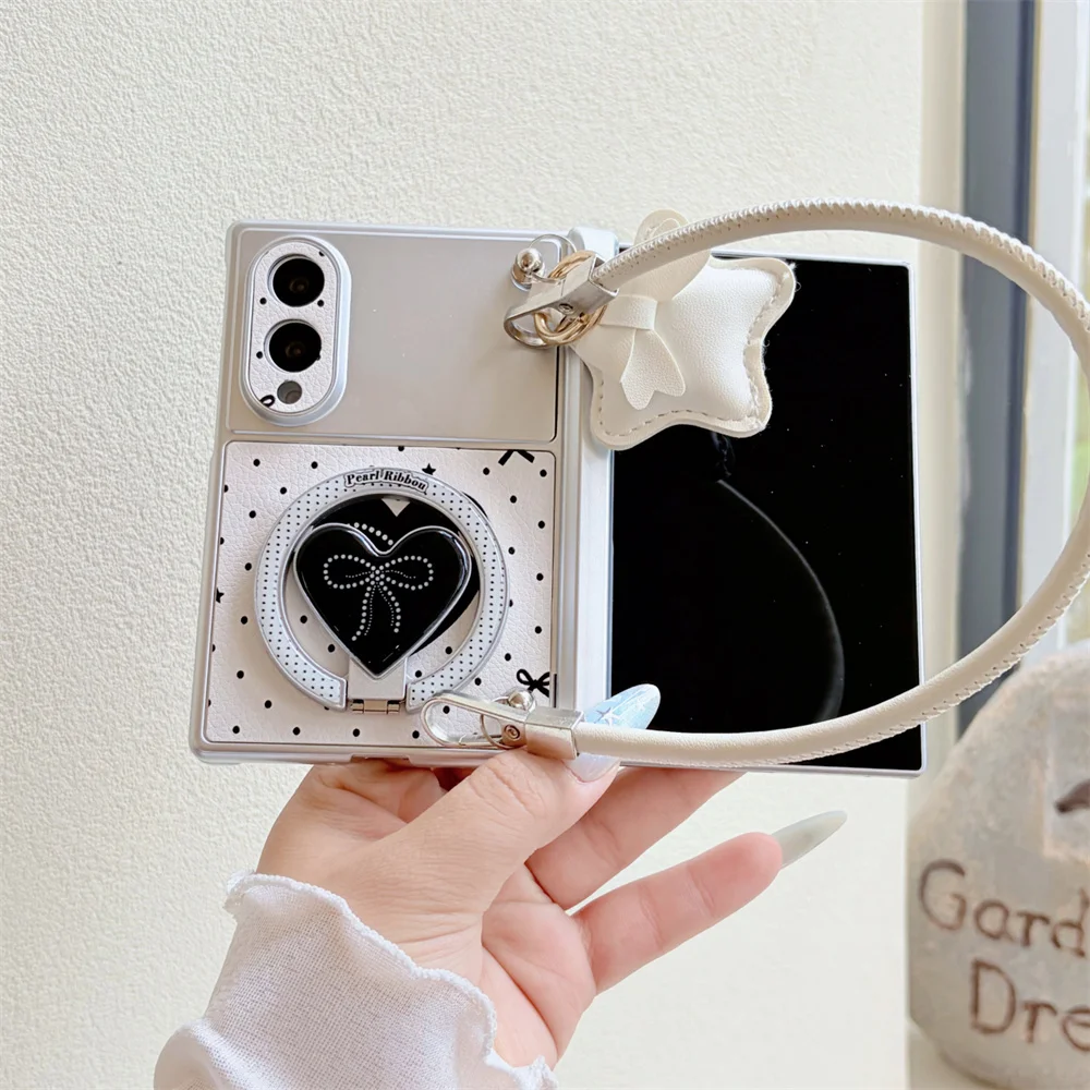 Kawaii Polka Dot Heart Mirror Magnetic Phone Case For Samsung Galaxy Z Fold 8 Ultra Rhinestone Stand With Leather Wrist Strap