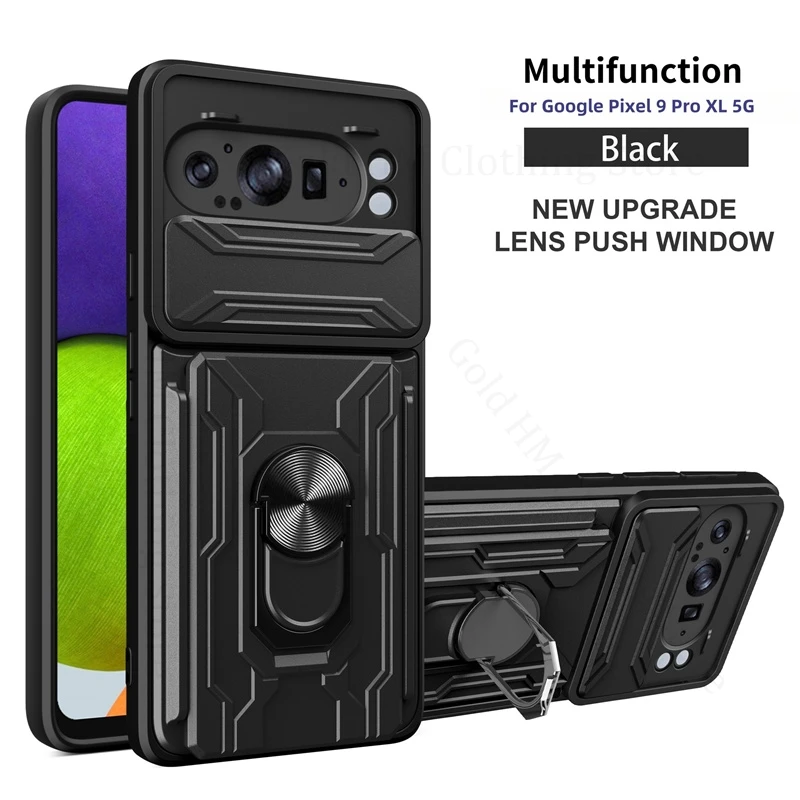 

Push Window Slide Camera Lens Case For Google Pixel 9a 9 Pro XL Card Slot Stand Cover For Pixel 9 Pro XL 8A Finger Ring Holder