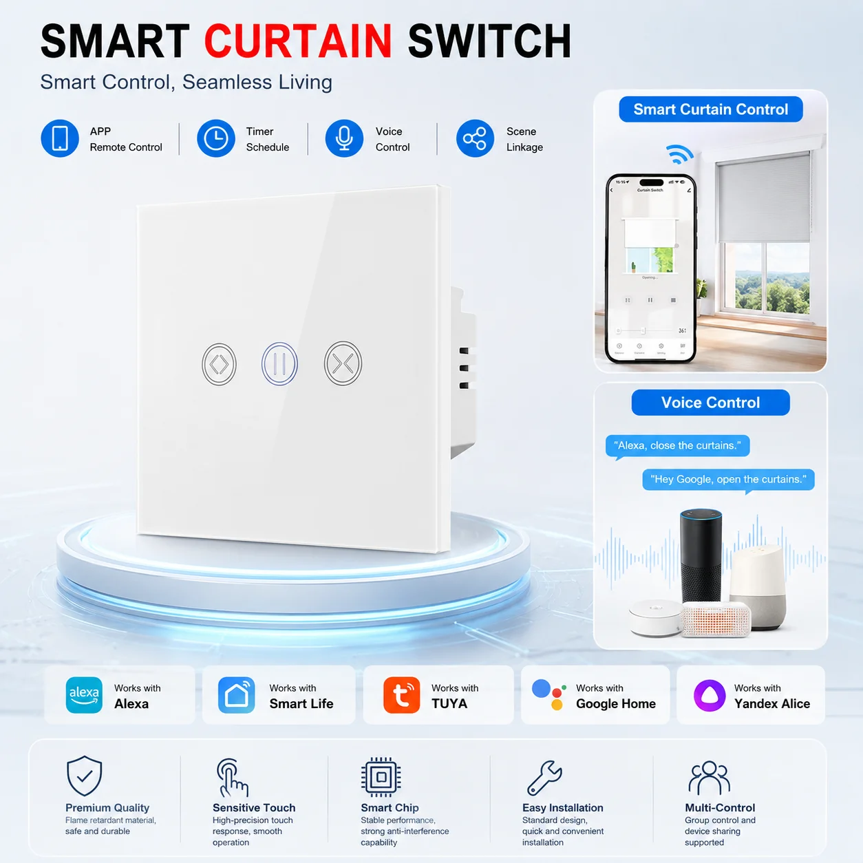 Smart WiFi Curtain Switch Touch Panel for Electric Curtains, App Remote Control, Voice Control Works with Alexa Google Home