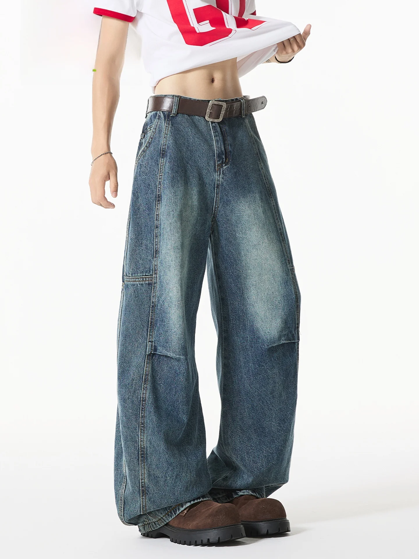 

American Style Men's Wide Leg Jeans High Street Vintage Blue Knife Spring Summer mid Waist Distressed Loose Fit Pants