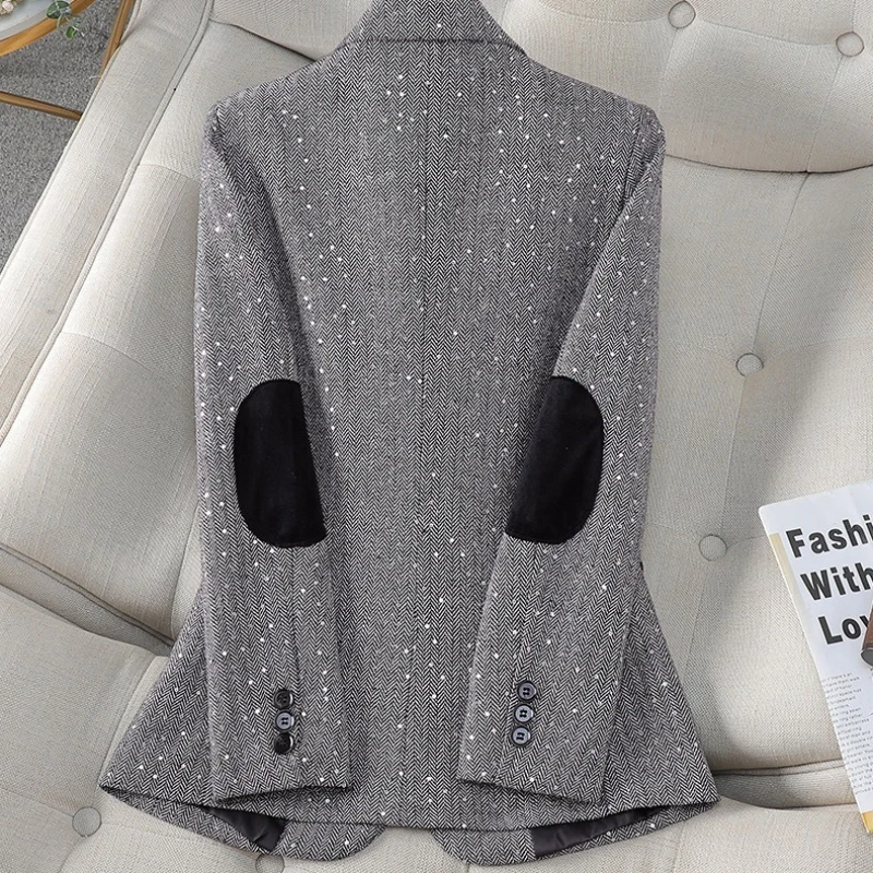 2026 Fashion Spring Autumn Houndstooth Suit Jacket Women's Office Casual Blazers Sequins Patch Slim Small Coat Woolen Outerwear