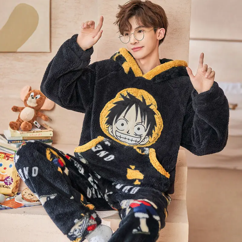 One Piece Luffy Coral Velvet Pajamas Men Winter Thickened Flannel Home Clothes Suit Cartoon Anime Cardigan Sleepwear Set Male