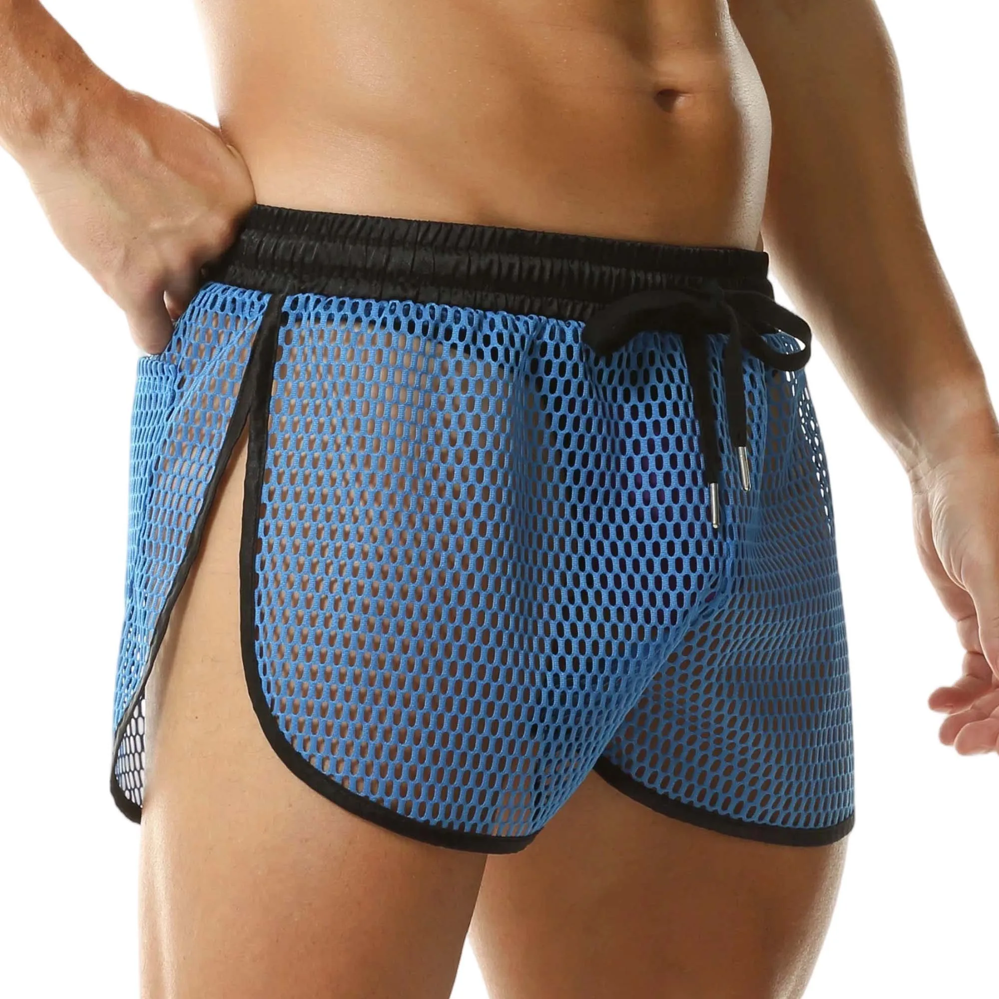 Men's Sheer Mesh Fishnet Shorts Drawstring Breathable Hollow Out Side Split Loose Beach Swim Trunks Summer Casual Short Pants