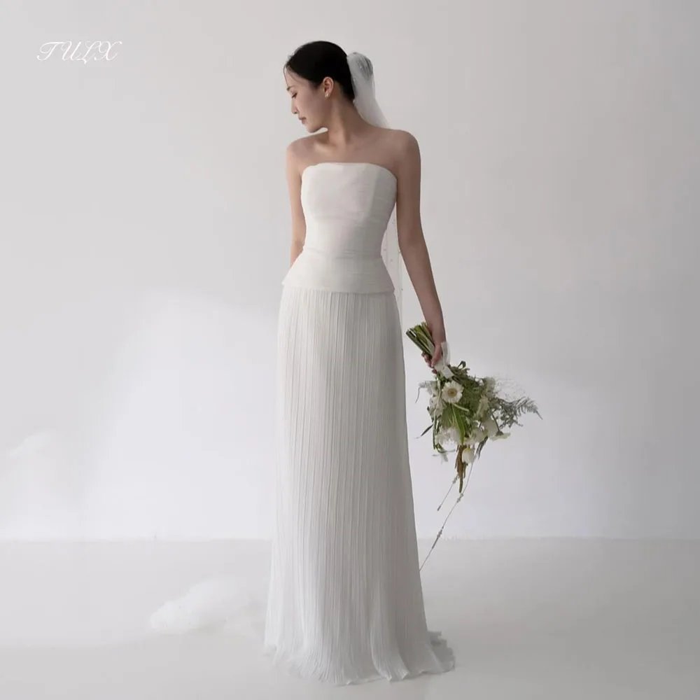 تولكس فساتين زفاف أنيقة عاجية ثنيات كوريا صورة تبادل لاطلاق النار بدون حمالات ألف خط طويل زي العرائس مشد مخصص ওয়েডিংдres 2026 #1