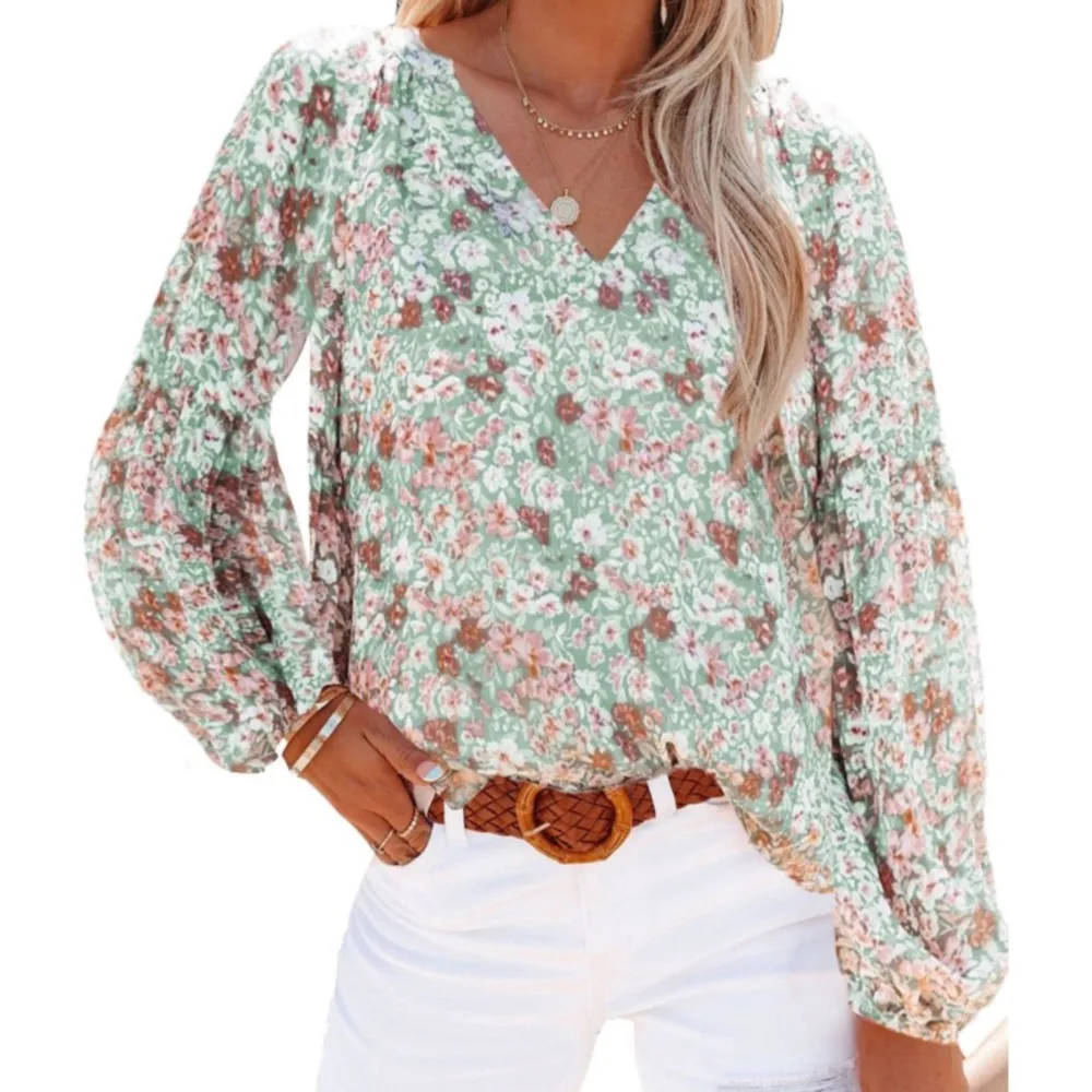 

Women's New T-shirts Long Sleeve Floral Printing Tees And V-Neck Casual Loose Fashion Elegant Female's Tops 2024 Spring Summer