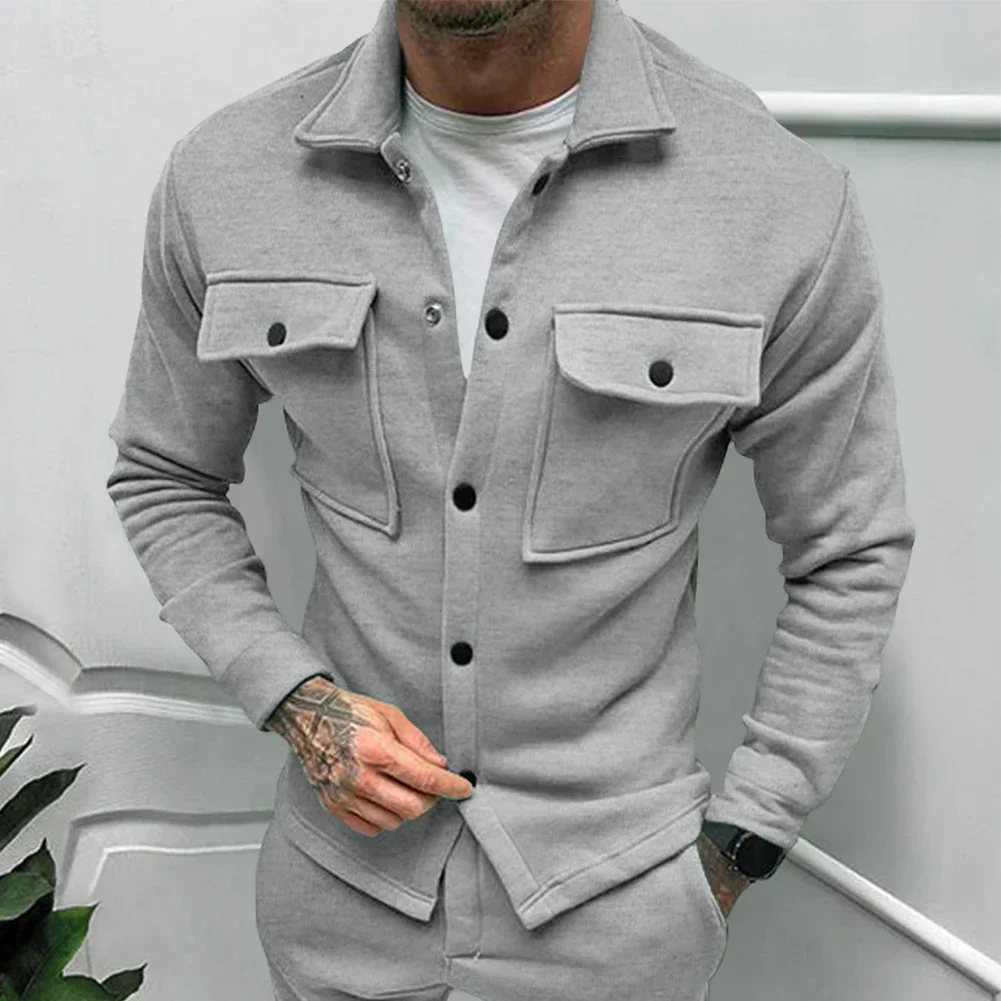 Men Winter Thick Warm Plush Casual Long Sleeve Coat Button Fleece Jacket Solid Color Casual Top Fashion Men\'s Jacket Outwear