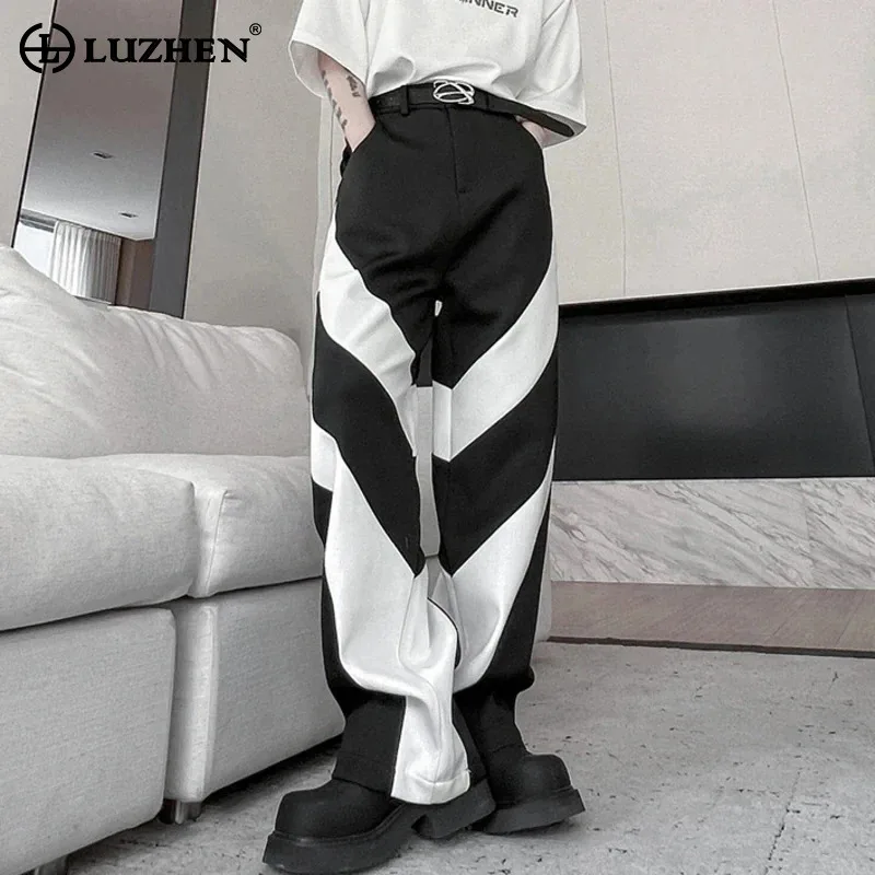 

LUZHEN New Men Baggy Straight Trousers 2024 Trendy Color Contrast Splicing Design Stylish Original Street Wide Leg Pants LZ3765
