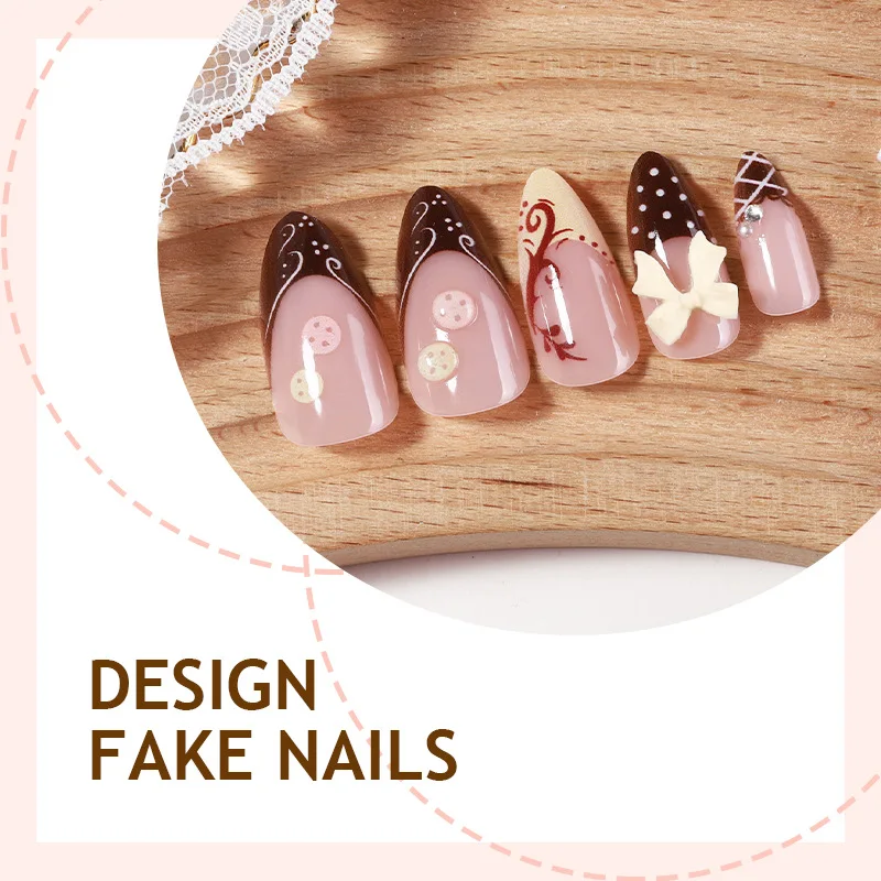 24pcs Ins 3D Bowknots Press On Nails Hand-painted Flower Plaid Designs Almond False Nails Brown French Style Ballet Fake Nail