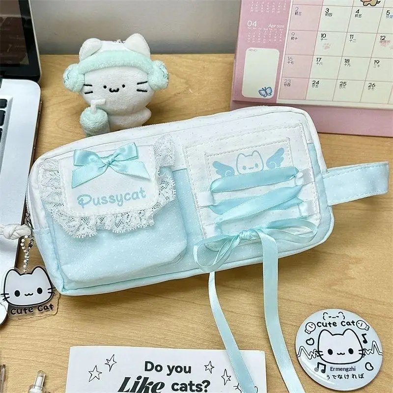 Tragbares Federmäppchen mit Schleifendesign, große Kapazität, mehrschichtige Stifttasche, gepunkteter Handtaschen-Organizer für Schreibwaren, Schulbedarf – Detail 7