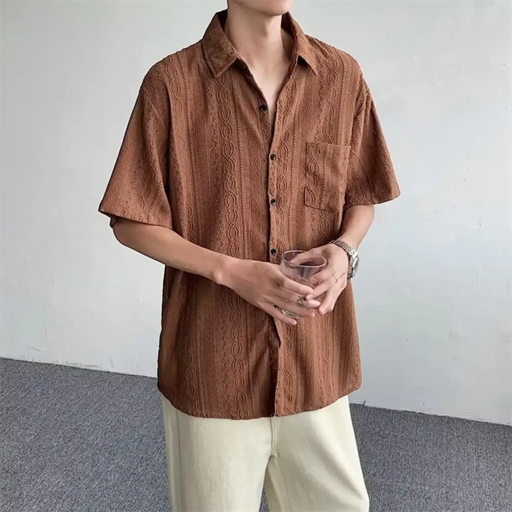 Chemise boutonnée évidée pour hommes avec col rabattu, chemise transparente, poche poitrine, streetwear rétro, club masculin, fête