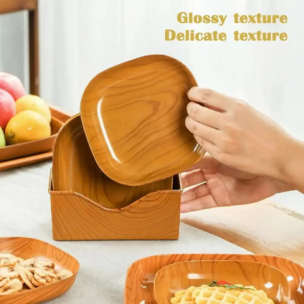 Wood Grain Plastic Square Plate New 15cm Coaster Plate Storage Tray For Fruit Vegetable Snack Dessert