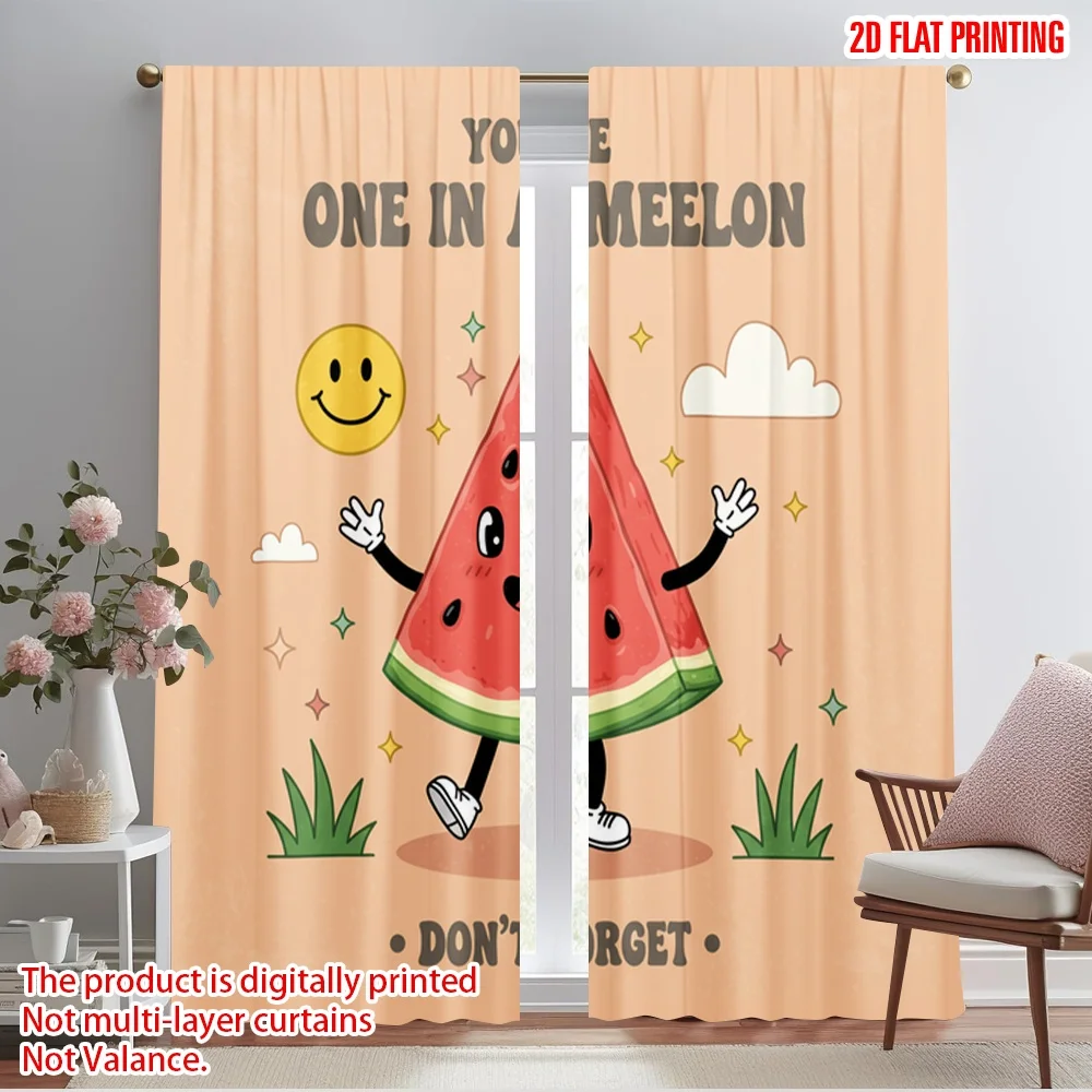 

2pcs 2D flat printing Drapes One In Melon Happy 100% Polyester Fabric Without Electricity Festive Curtains for Home Wall Yard