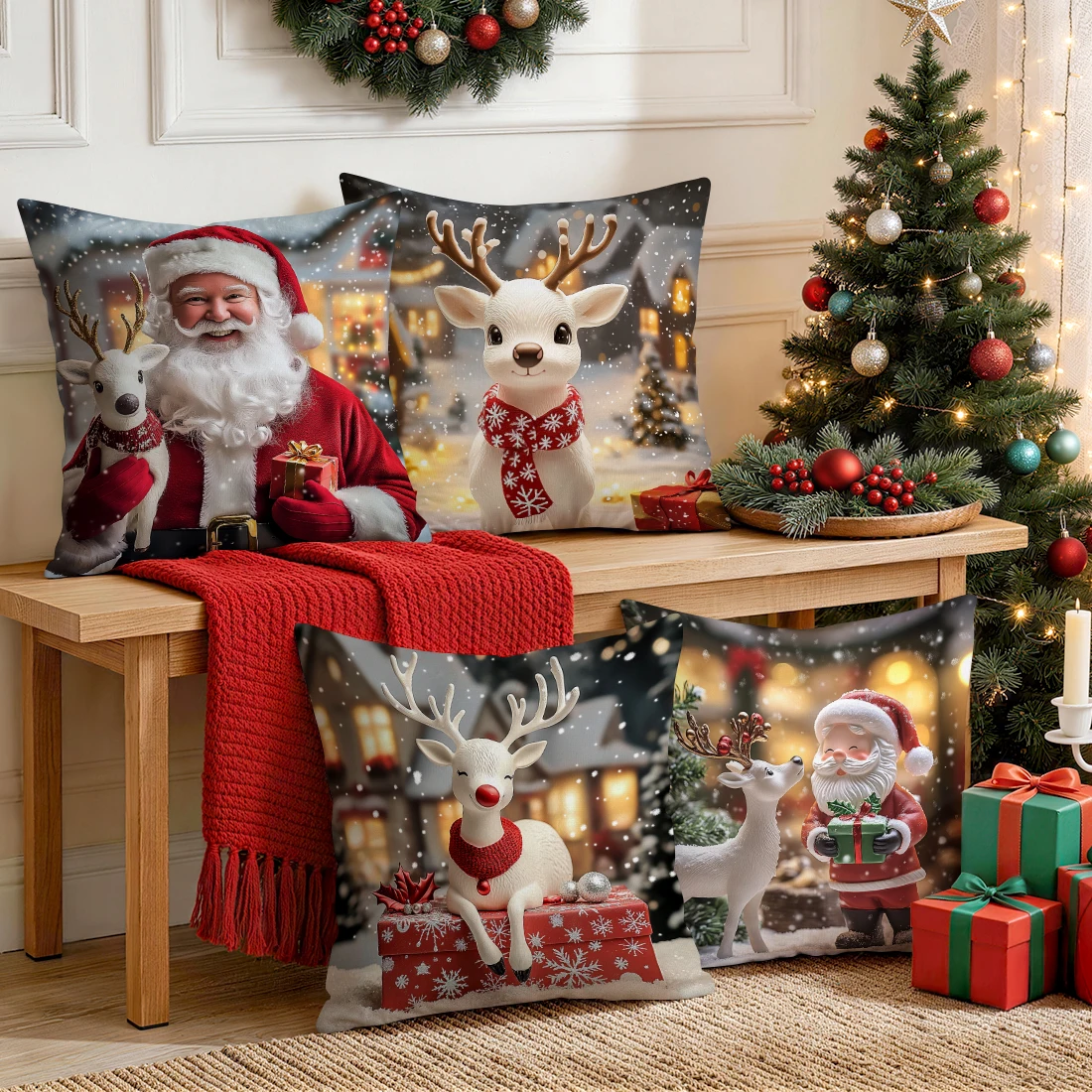 1pcs/4pcs Christmas Deer Cushions Pillowcase Polyester Cushion Cover Throw Pillow Pillowcover Home Car Sofa Decor