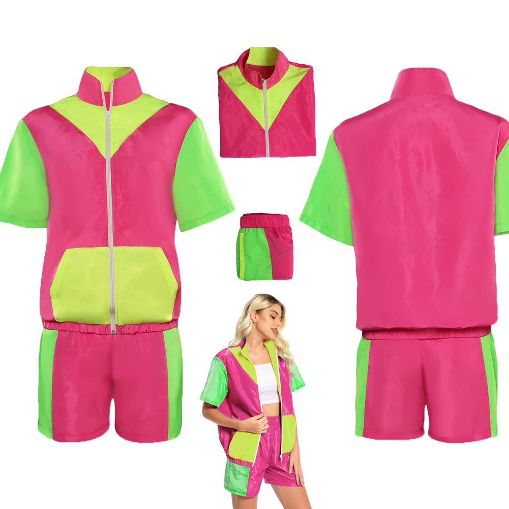 Retro 80s 90s Track Cosplay Costume Outfits Fashion Shorts Jacket Jogging Suit Halloween Carnival For Adult Women Girls Roleplay