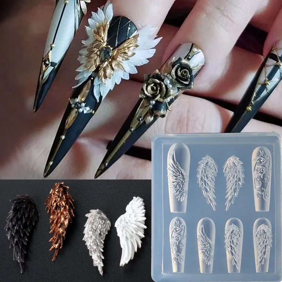 1pcs 3D Charming Feather Wings Silicone Nail Carving Mold Elegant Angel Wing Stamping Plate Manicure Gel Print Stencils Template