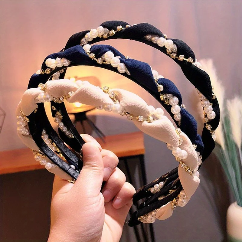 

Rhinestone Pearl Twisted Hairband for Women Girl Solid Color Entangled Hair Hoop Fairy Headband Non Slip Headwear Hair Accessory