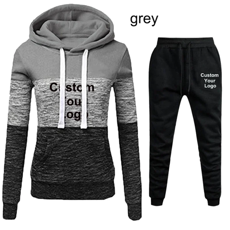 Trendy Custom Your Logo Women Casual Three-color Stitching Sweatsuit Pullover Sweatshirt Pants Two-piece Set
