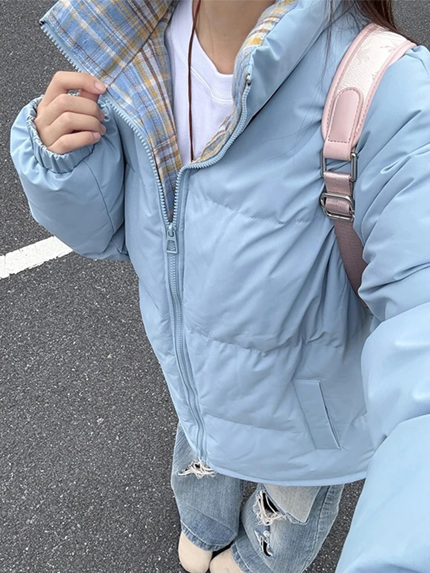 

Blue Plaid Patchwork down Cotton Jaet Men's Winter Thiened Stand Collar Bread Sle Coat American Couple's Outerwear