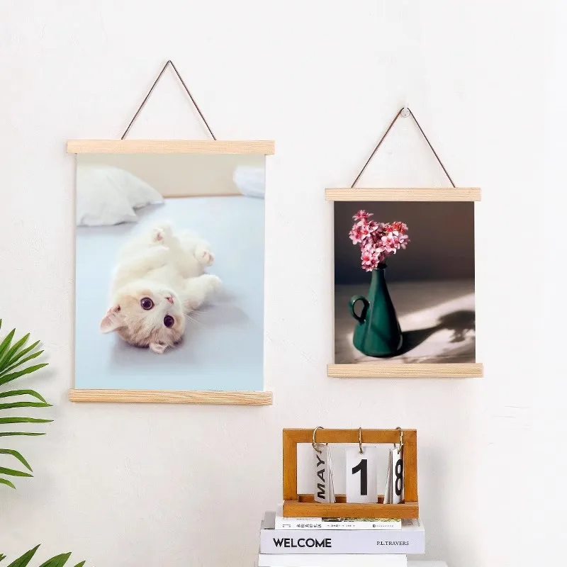 60cm Magnetic Poster Frames Hanger Wooden Hanging Frame Picture Painting Poster Holder Natural Teak Photos Scroll Wall Art Decor