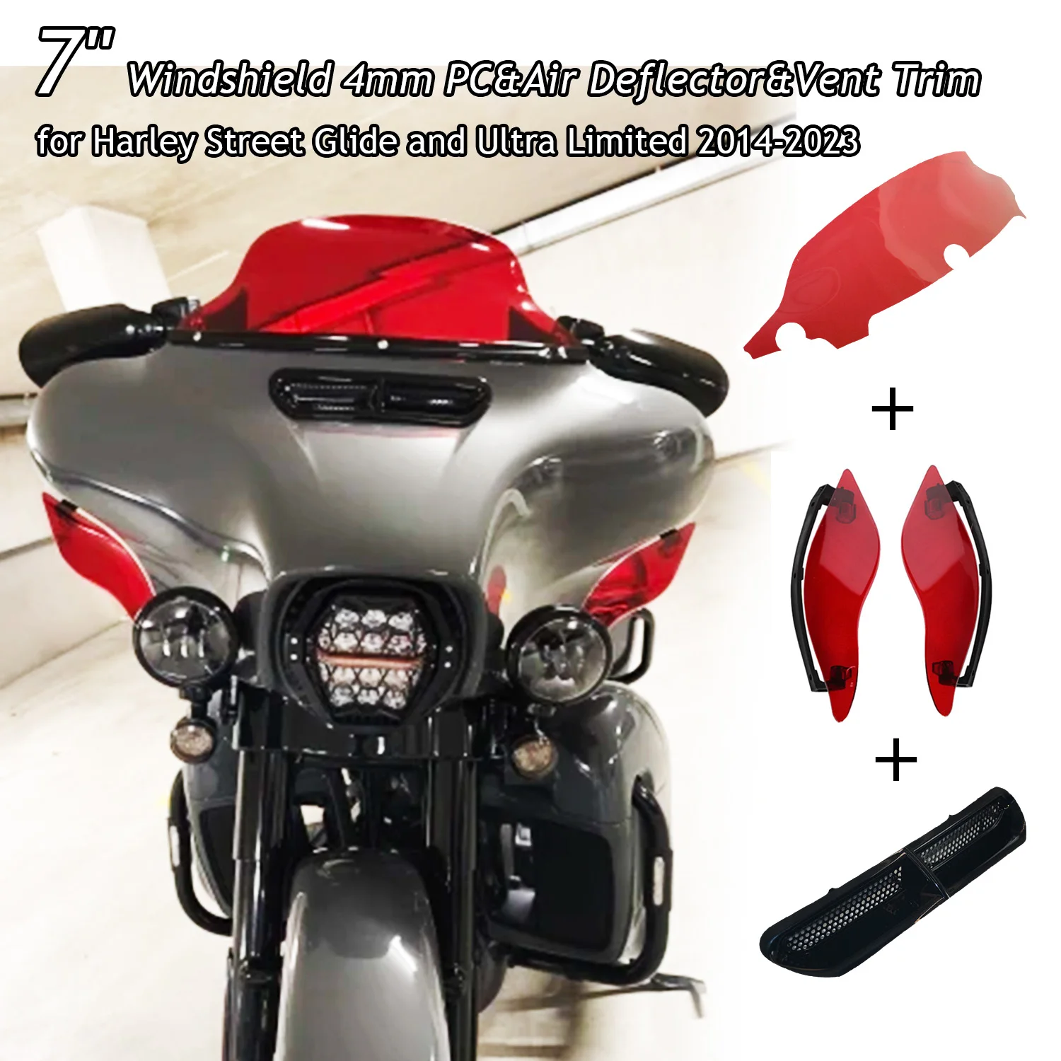 

7" PC 4mm Windshield Windscreen&Side Wings Air Deflector&Vent Trim for Harley Street Glide&Ultra Limited 2014-2023 Motorcycle