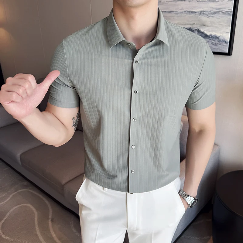 

Camisas De Hombre High Elastic Shirts for Men Clothing Summer Slim Fit Short Sleeve Striped Men's Social Shirt Formal Work Wear