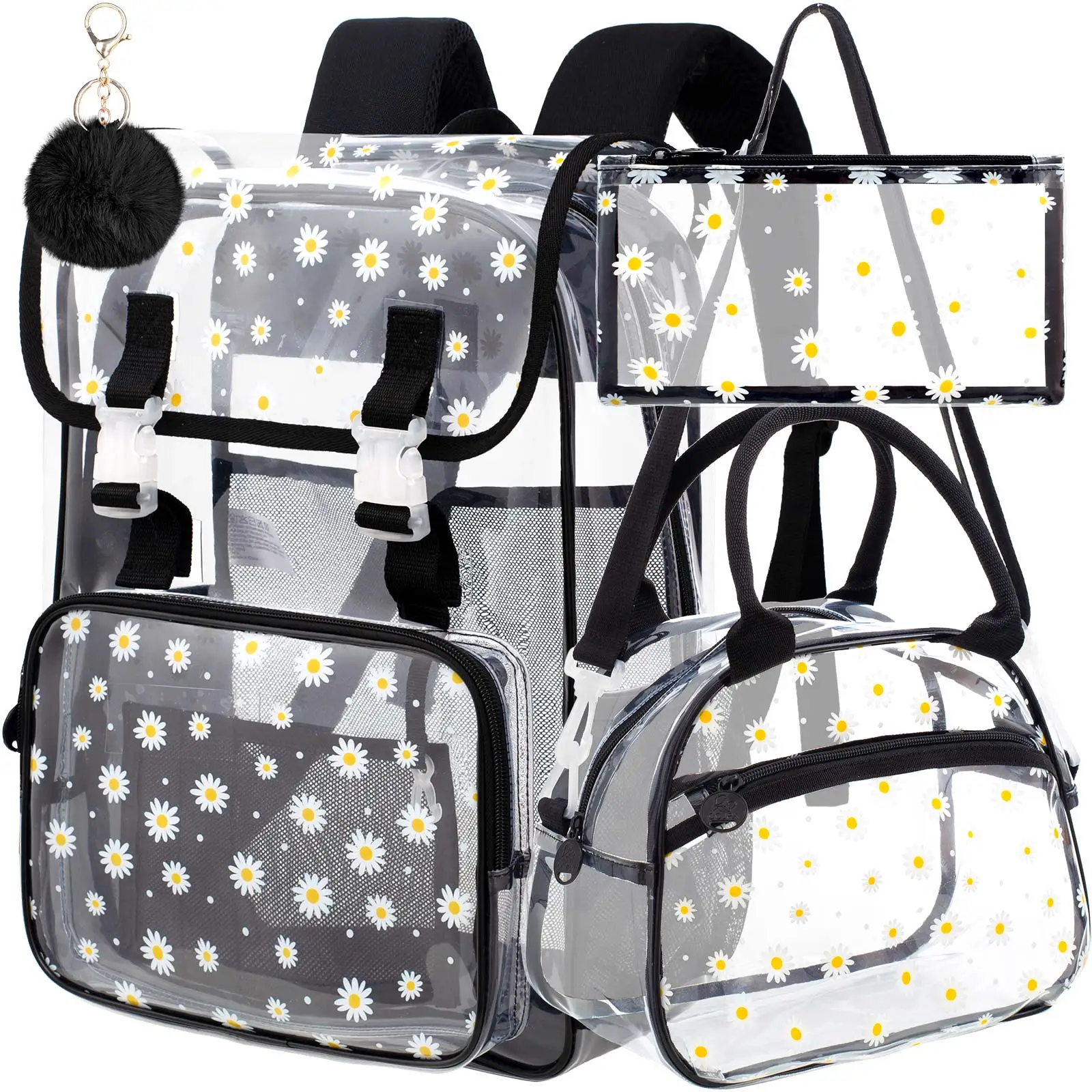 

Рюкзак Daisy Clear 17 дюймов для девочек - комплект из 3 предметов с откидной крышкой, одобренный для стадионов, прочный рюкзак из ПВХ для концертов/школы (черный)