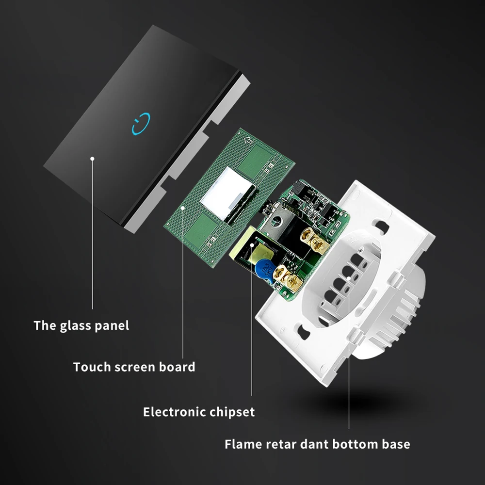 Sensore interruttore tattile leggero Pannello in cristallo temperato standard UE 4 colori Alimentazione 1/2/3 Gang 1 via 220V Lampada da parete