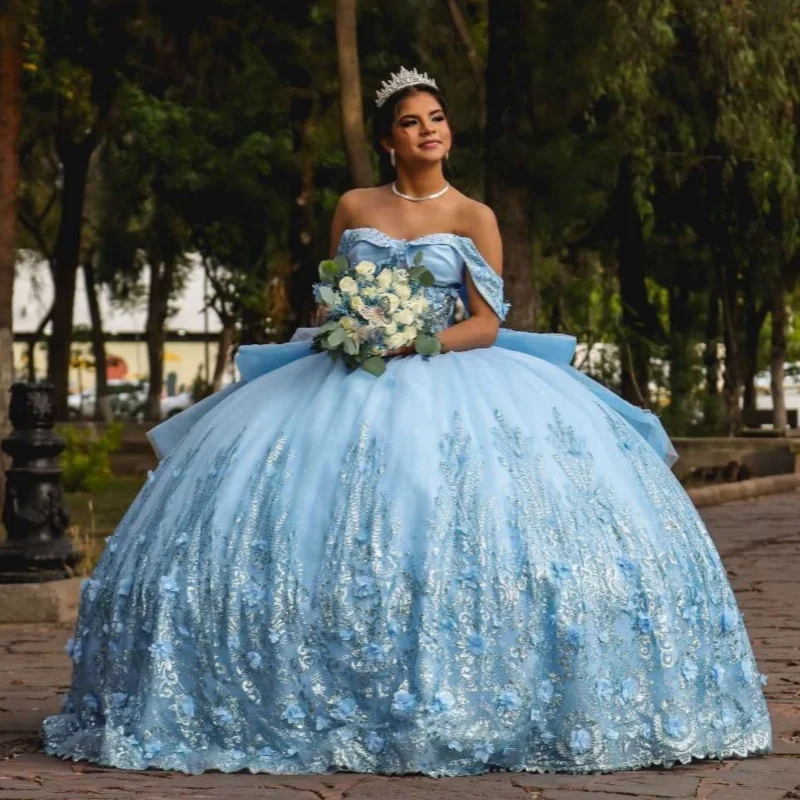 

Light Blue Quinceanera Dresses Off the Shoulder Crystal Sequin 3D Flower Decal Long tail Bow Vestido De 15 Quinceanera Customize