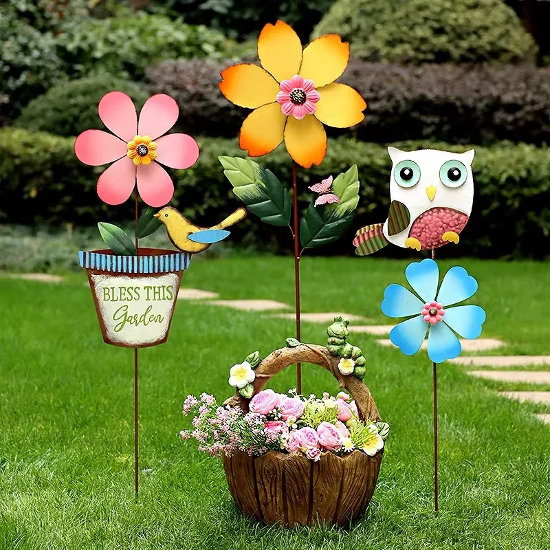 Outdoor garden flower insert wrought iron grocery courtyard villa balcony cartoon flower windmill arrangement plug-in