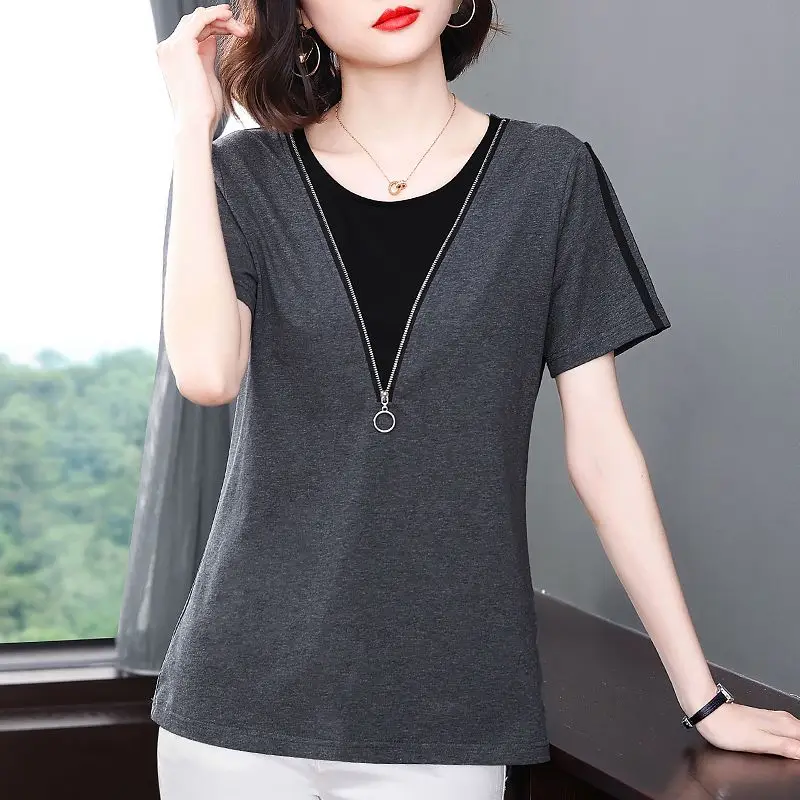 

Women Summer New Fake Two Midi Short Sleeve T-shirt Big Size Fashion O-Neck Solid Zipper Spliced Pullover Casual Loose Thin Tops