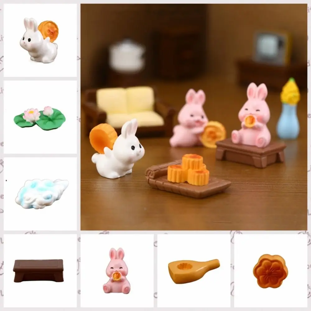 Chinese Style Mid-Autumn Rabbit Decor Doll Rabbit/Mooncake Shape Resin Mooncake Rabbit Statue Mini Decorative