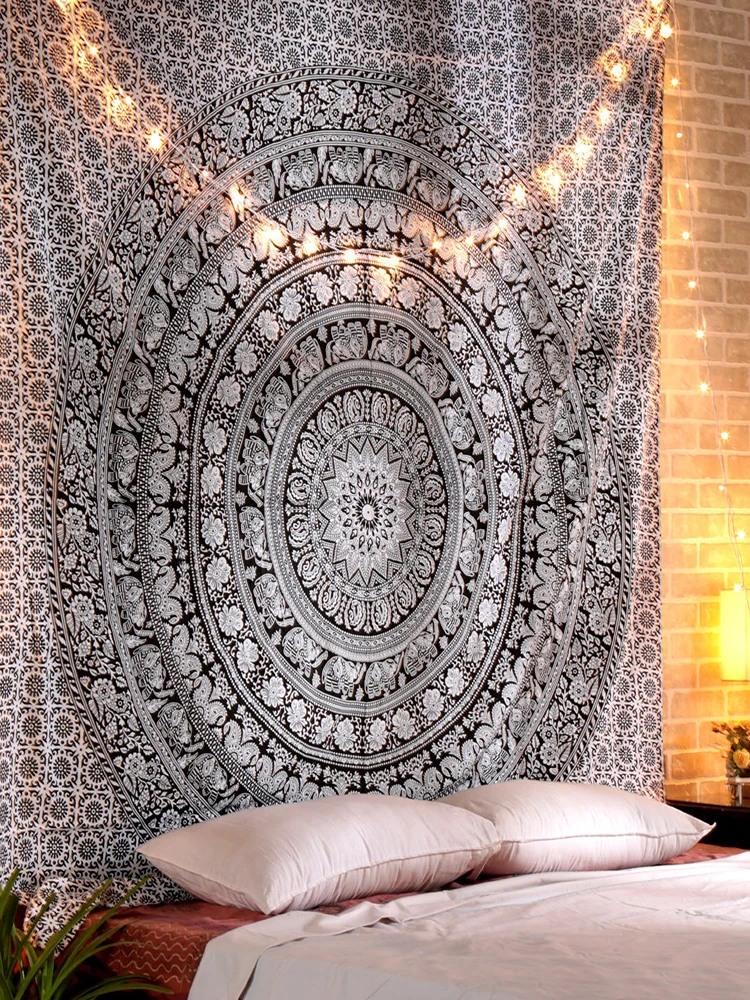 Handmade Artistic Phoenix Mandala Tapestry Wall Hanging Black And White Series Bohemian Style Geometric Pattern Cotton Fabric