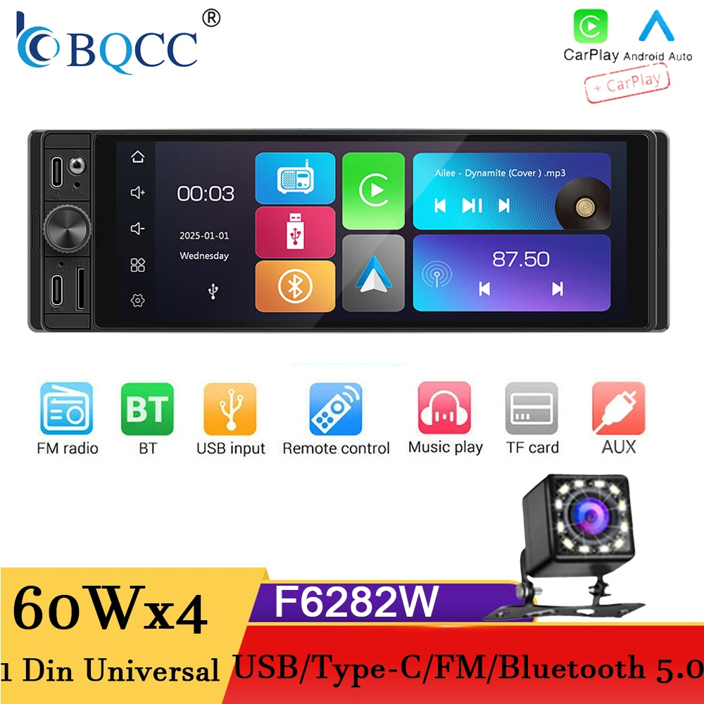 

BQCC 1Din Universal Car Radio 6.28 Inch MP5 Support Wireless Carplay Android AUTO Bluetooth Type-C fast charging Mirror Link USB