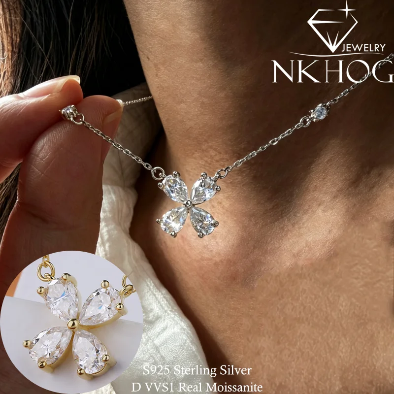 NKHOG Four-Leaf Clover All Moissanite Necklace for Women S925 Silver Pendant Chain Round Waterdrop Cut Lab Diamond Certified GRA