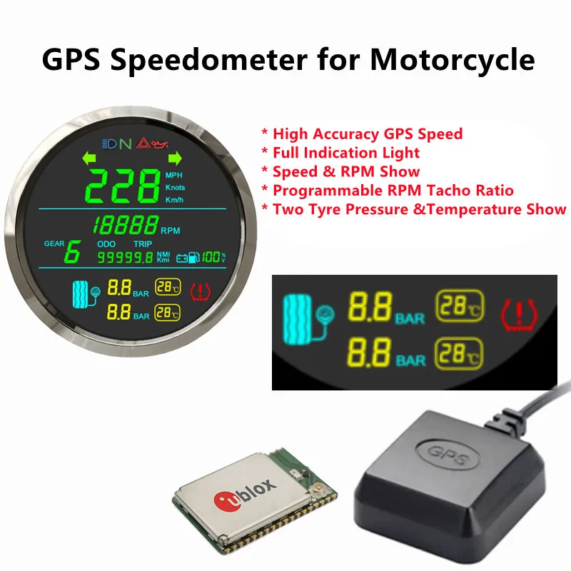 Universal 85mm GPS Speedometer Tachometer Fuel Tire Pressure Gauge for Motorcycle