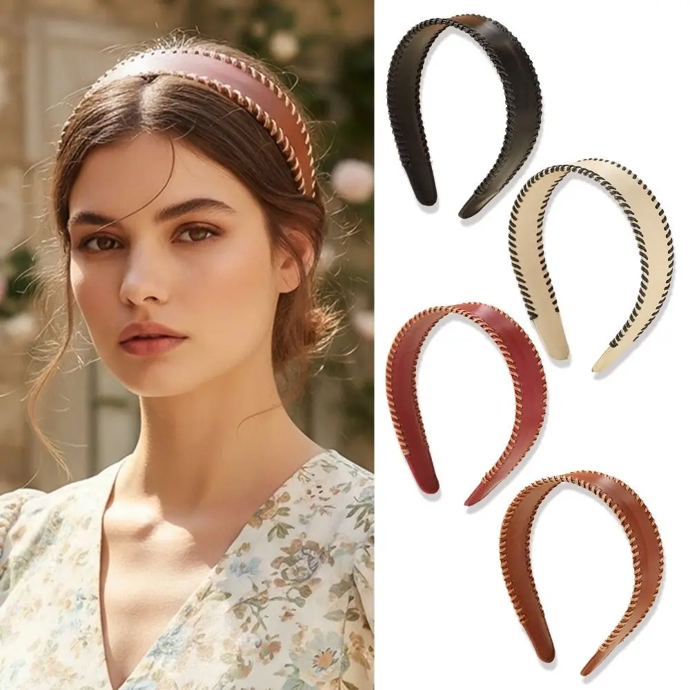 

Vintage Solid Color Leather Headband Non-Slip Korean Style Women Hair Hoop Headwear Coffee Wide Edge Hairband Lady