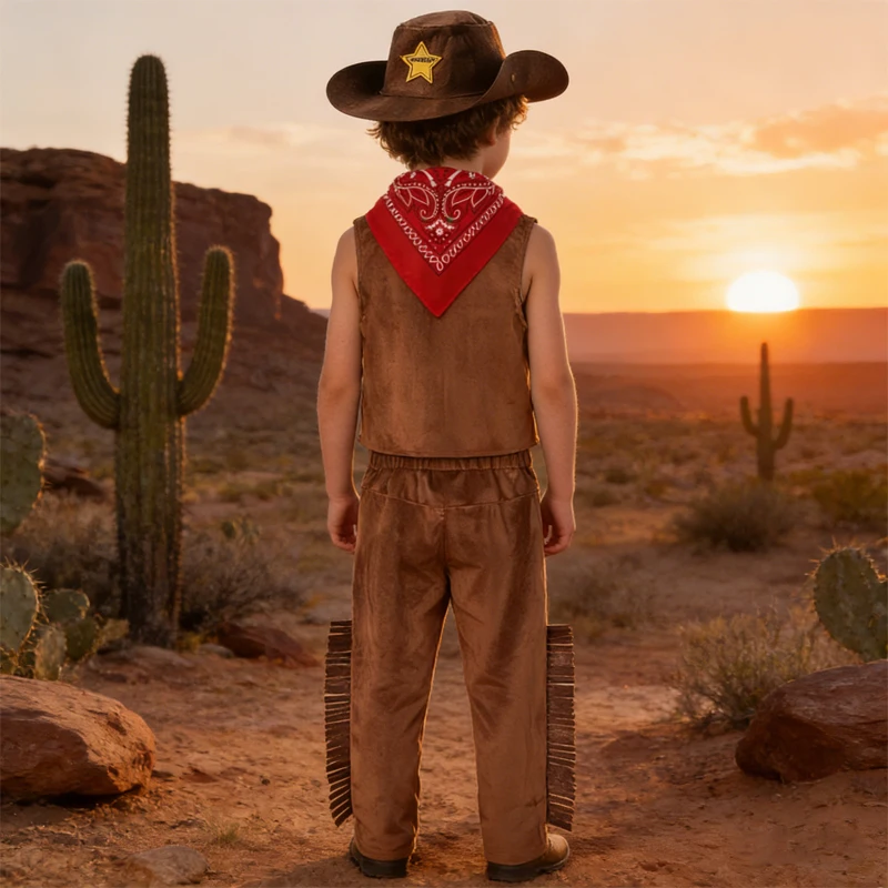 4-teiliges Cowboy-Kostüm für Babys, Jungen, Ostern, Cosplay-Kleidung, Weste + Schal + lange Hosen + Hüte, Karneval, Party, Kostüm, Urlaubsgeschenk – Detail 2
