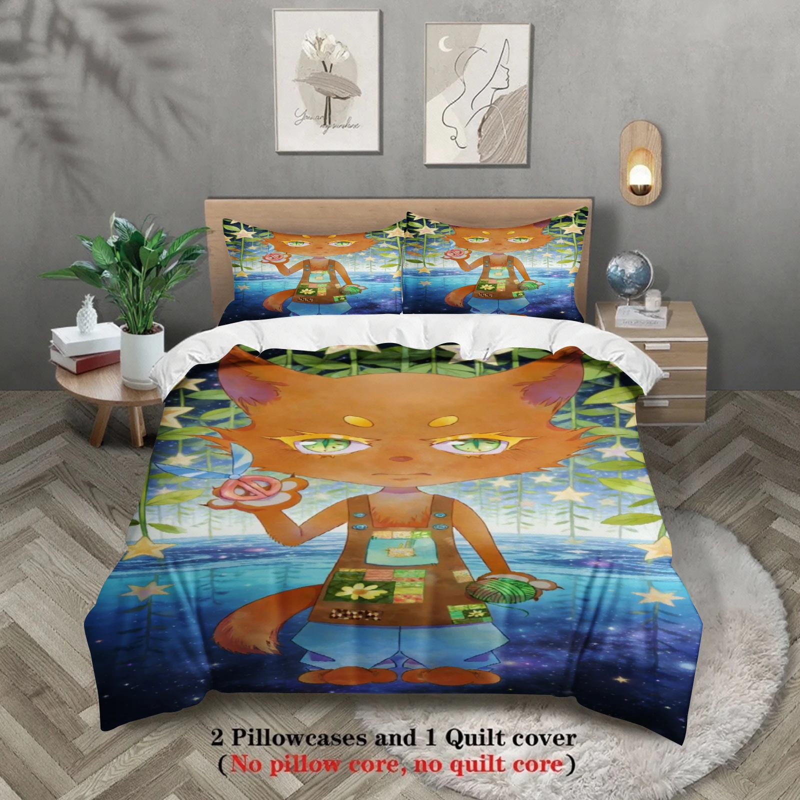 Boys Bedding Set Softville Cozy Town Cute Fern the Quilt Fox With Duvet Cover & Pillowcase For Children's Bedroom Decor