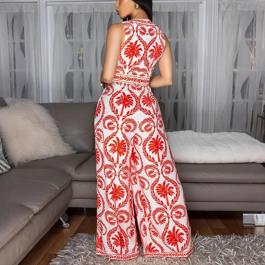Elegant Jumpsuits & Rompers for Women Red Printed V Neck Sleeveless Fashion Ladies Birthday Party Dinner Overalls Clothes Outfit