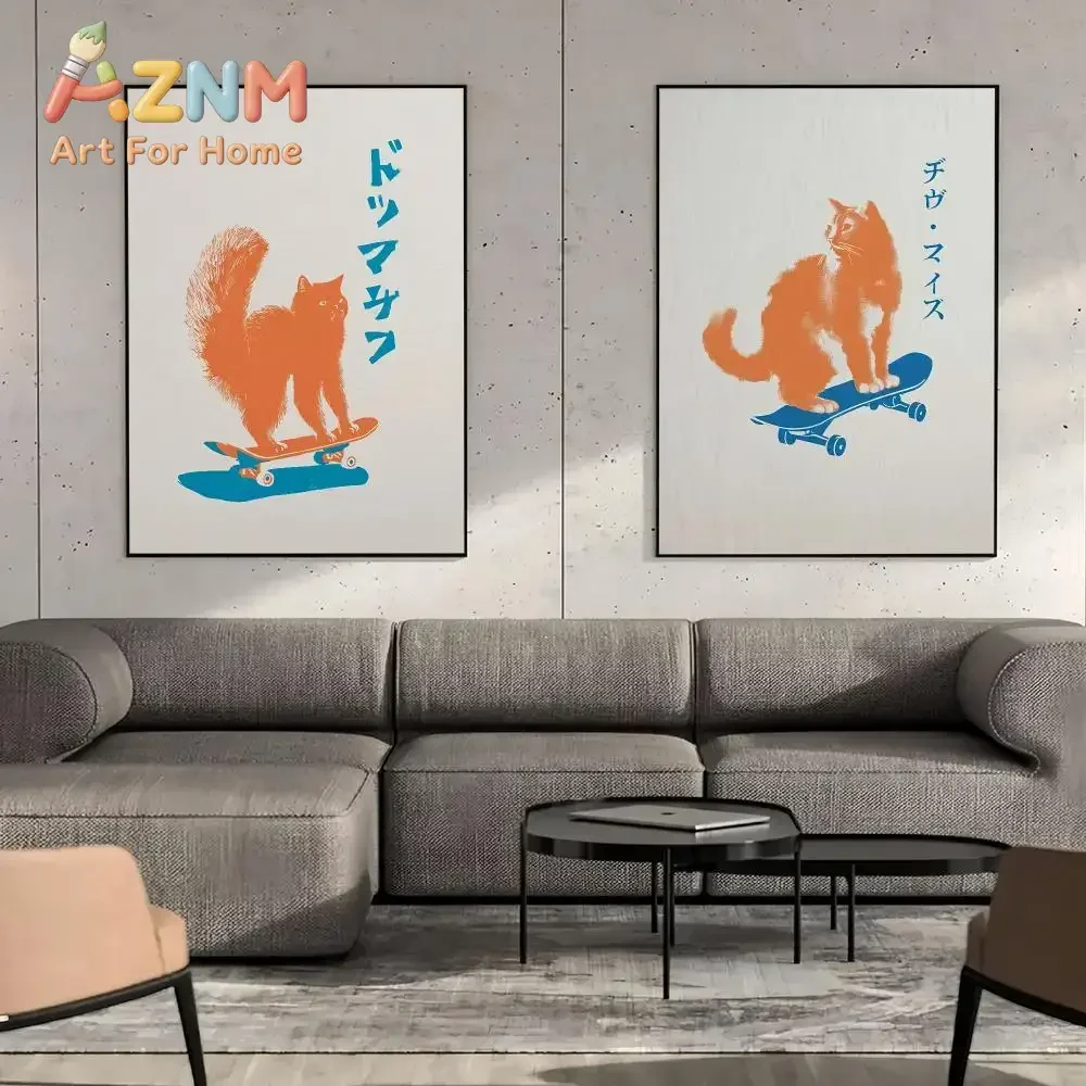 AZNM Skateboarding Orange Cat Canvas Wall Art, Japanese Text Retro Cat Skate Print Poster, Unframed Canvas Painting for Room Wal