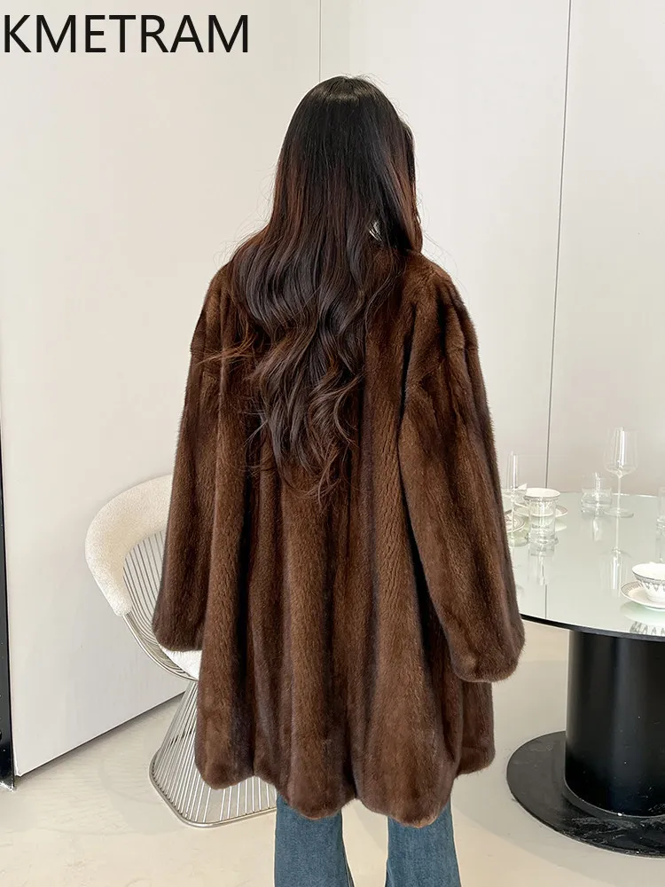 Jaqueta de Pele de Mink 100% Natural de Grau Veludo KMETRAM para Mulheres, Casaco de Pele Real com Decote em V, Roupas de Inverno Femininas 2026