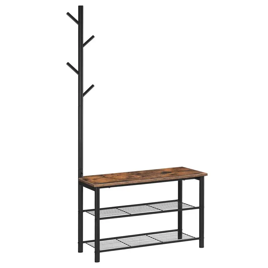

Coat Rack Shoe Bench, 3Tier Shoe Rack, Industrial Shoe Organizer Storage Bench, Entry Bench with Mesh Shelves, for Entryway, Li