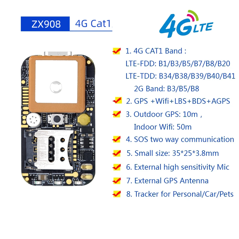 Mini 4G GPS Tracker  ZX908 CAT1 PCBA Chip Board For Vehicle Car Person Tracking System Wireless WIFI Beidou Satellite Locator