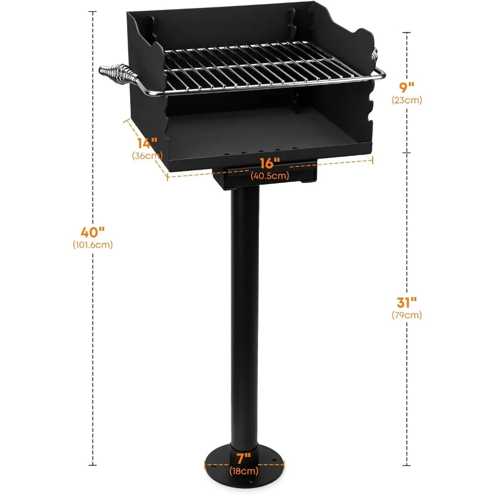 Park-Style Charcoal Grill, Heavy Duty Steel Outdoor BBQ Park Grill with Stainless Steel Cooking Grate and Post for Backyard