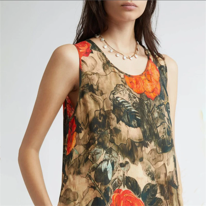 Y2K 高品質の夏の新しい女性のラウンドネックピュアコットンプリントノースリーブドレスファッションカジュアルローズフラワー休暇ミディドレス