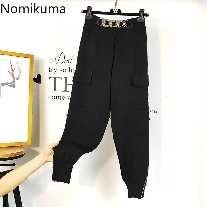 Nomikuma Chain High Waist Women Sweater Pants Korean Causal 2023 Autumn Winter New Trousers Knitted Zipper Harem  6C667