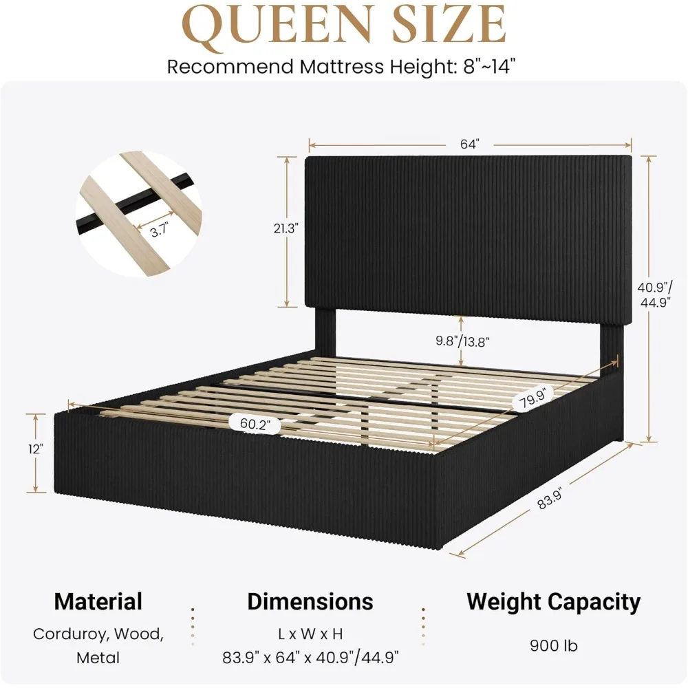 Queen Bed Frame, Corduroy Upholstered, Tufted Headboard, Low Profile, Black
