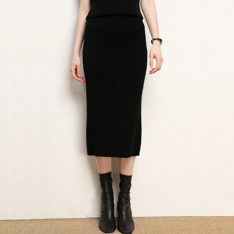 Hight Quality 2023 Spring Woolen Skirts Slim Belt Office Long Midi Skirt Step Pencil Skirt Knitted wool skirt