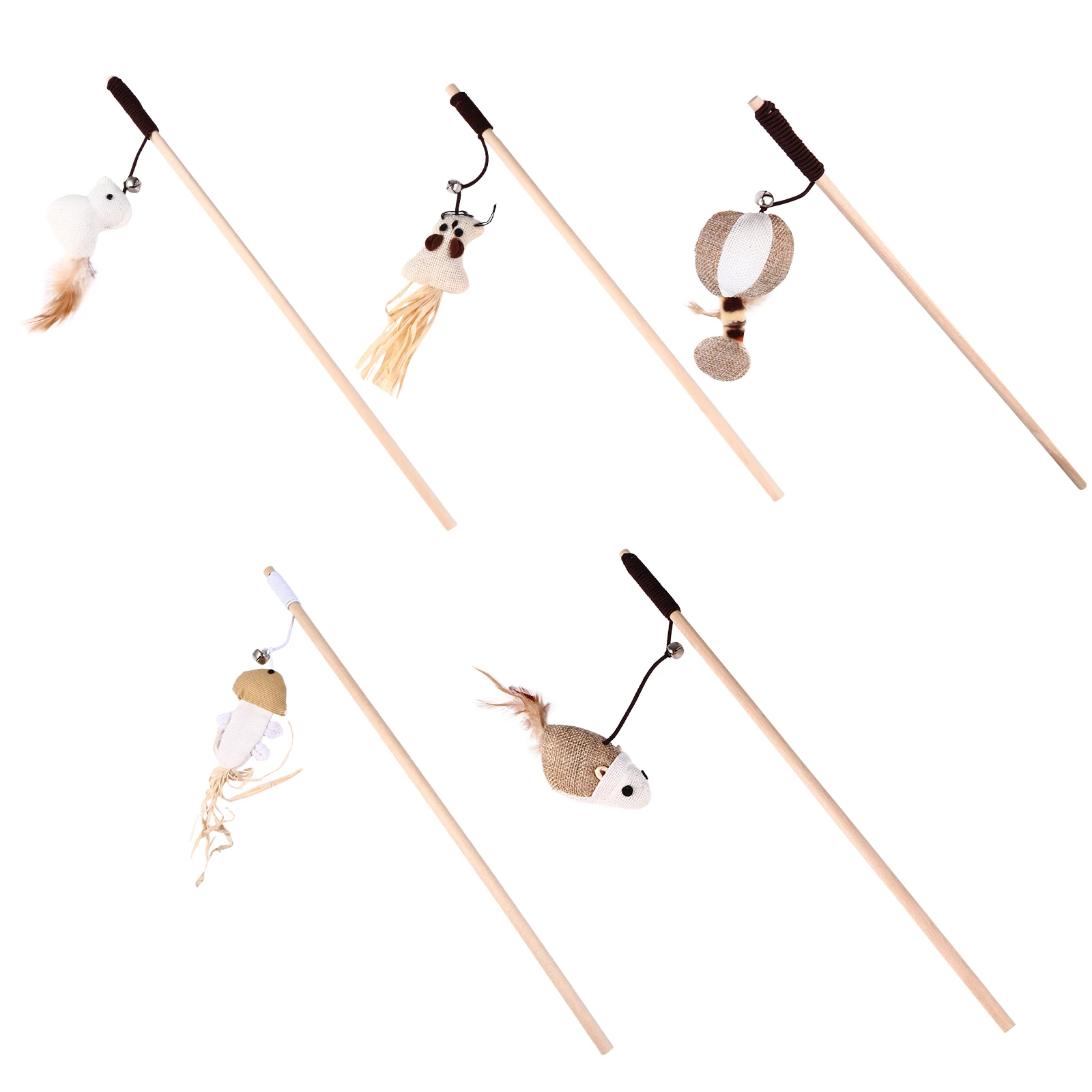 

5pcs Cat Teaser Stick Set Beige Wand Toys Indoor Playing Interactive Cats String Flirting Pet Training