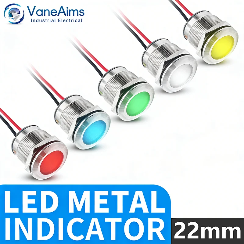 2pcs 22mm Waterproof IP67 LED Indicator Light DC/AC 3-48V Metal Pilot Warning Lamp Red Yellow Green Blue for Marine Dashboard